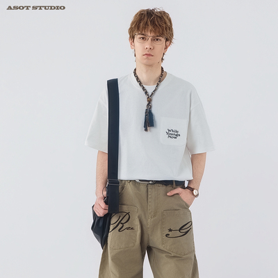 ASOT  胸前荷包印花圆领短袖T恤男2026夏季宽松情侣休闲半袖上衣