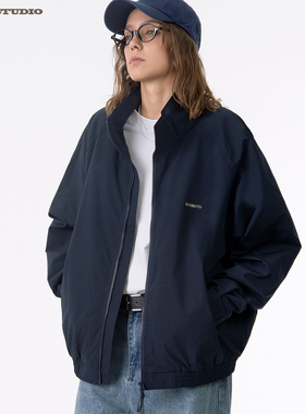 ASOT 美式复古刺绣字母加厚立领外套男女秋冬双拉链立领防寒夹克