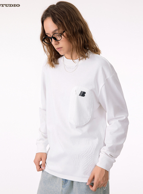 ASOT口袋小标长袖T恤 日系中性风春秋cozyfit无性别宽松休闲上衣