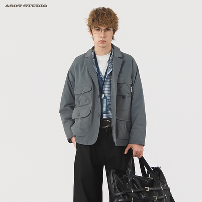 ASOT 复古机能多口袋休闲西装外套男2026春季宽松工装夹克外套