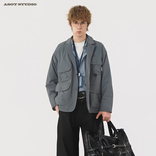 ASOT 复古机能多口袋休闲西装外套男2026春季宽松工装夹克外套