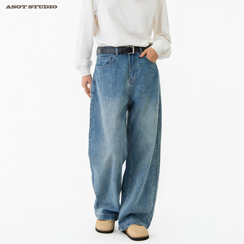 ASOT 牛仔裤中性风cozyfit春秋美式复古宽松休闲纯棉直筒阔腿长裤