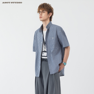 ASOT 复古蓝色格子短袖衬衫男夏季微宽松落肩穿搭通勤休闲衬衣女