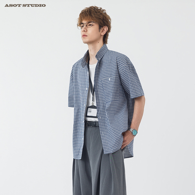 ASOT 复古蓝色格子短袖衬衫男夏季微宽松落肩穿搭通勤休闲衬衣女