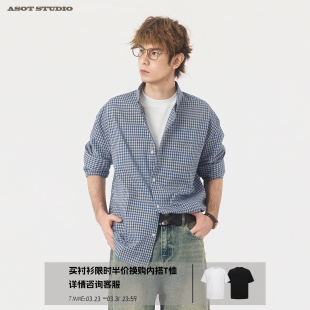 微宽松落肩纯棉长袖 男2026春季 休闲衬衣女 复古蓝色格子衬衫 ASOT