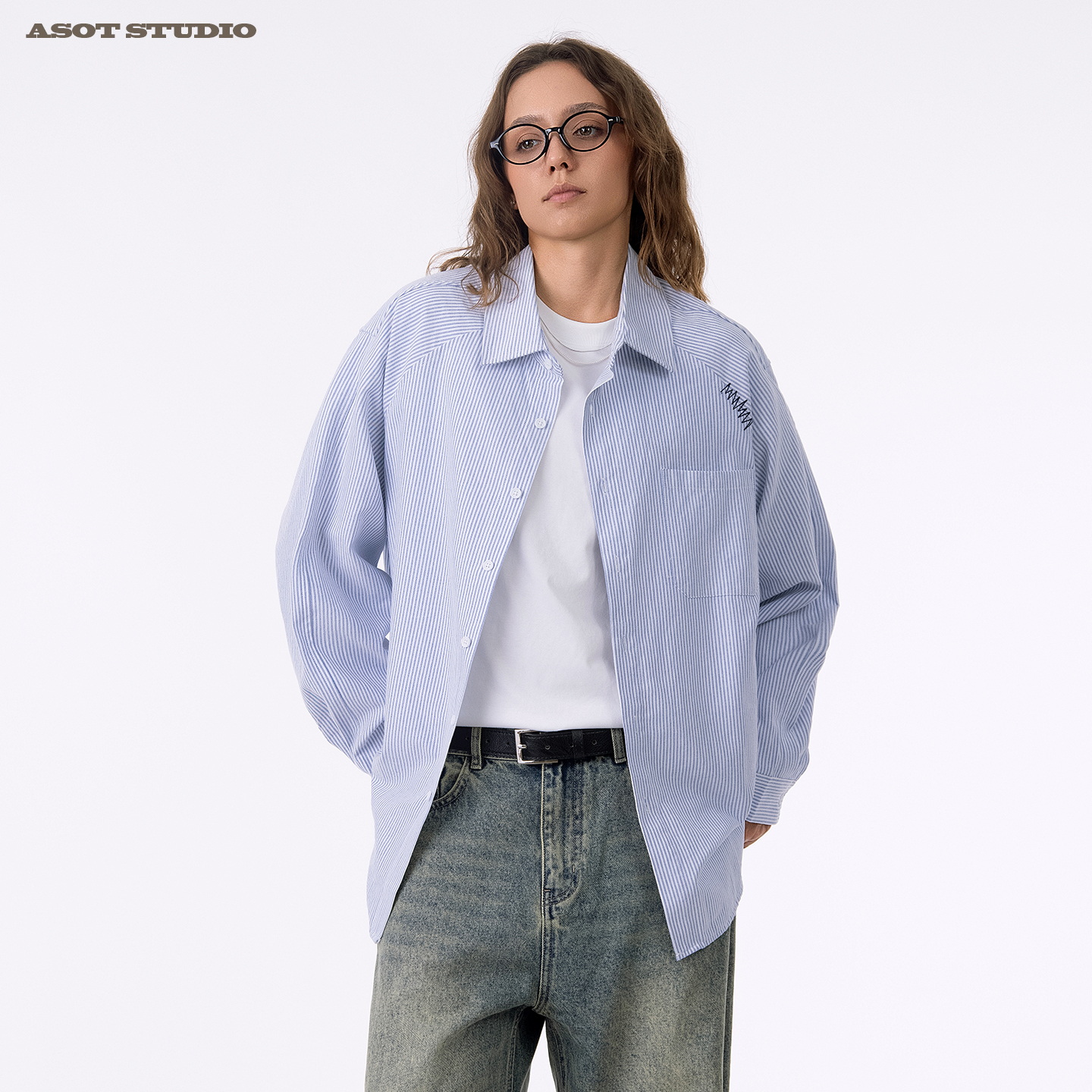 ASOT刺绣长袖衬衫 春秋cozyfit日系男女款日系复古中性风条纹衬衣