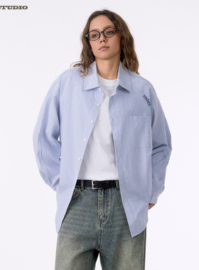 ASOT刺绣长袖衬衫 春秋cozyfit日系男女款日系复古中性风条纹衬衣