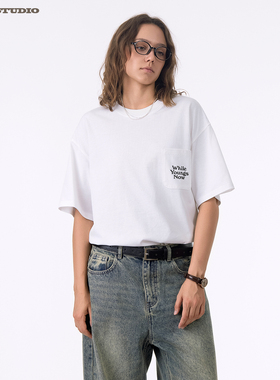 ASOT短袖T恤夏季日系无性别口袋宽松休闲短袖cozyfit纯色字母上衣