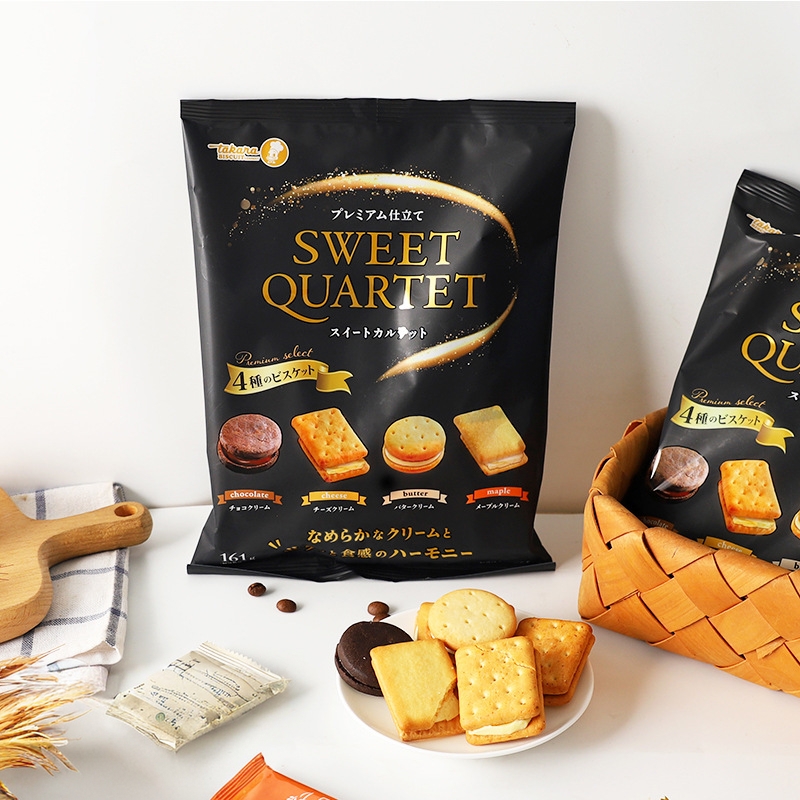 日本进口宝制果黄油巧克力芝士枫糖奶油味四种夹心饼干休闲小饼干