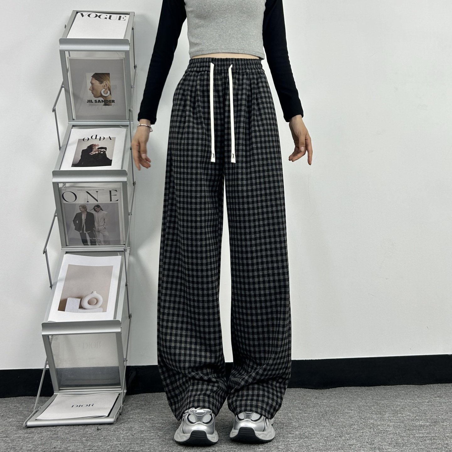 高个子加长格子阔腿裤女春秋冬