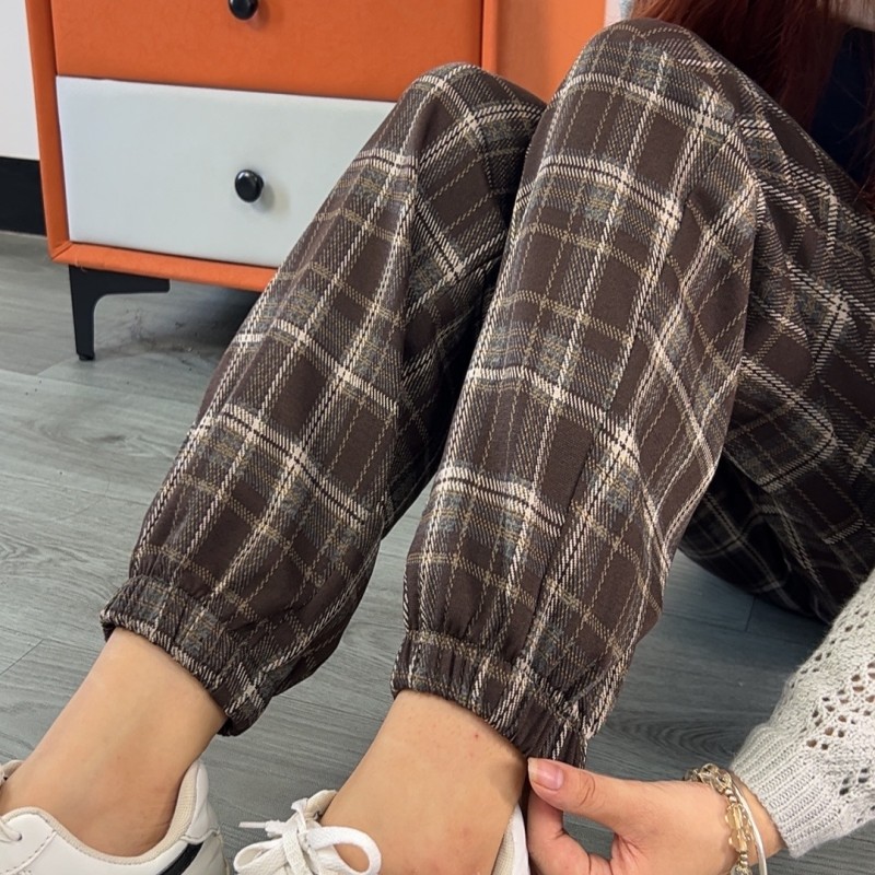 撞色格子裤女春秋2025新款冬季复古哈伦裤高个子加长束脚休闲卫裤