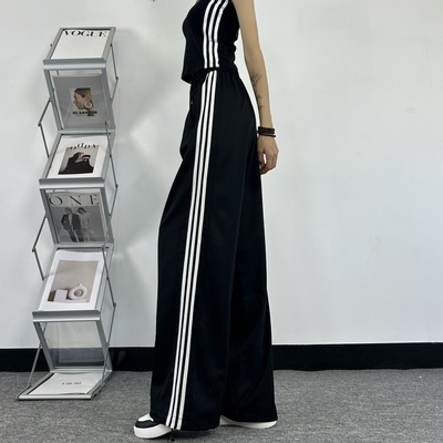 宽松直筒裤三条杠高腰阔腿加长版