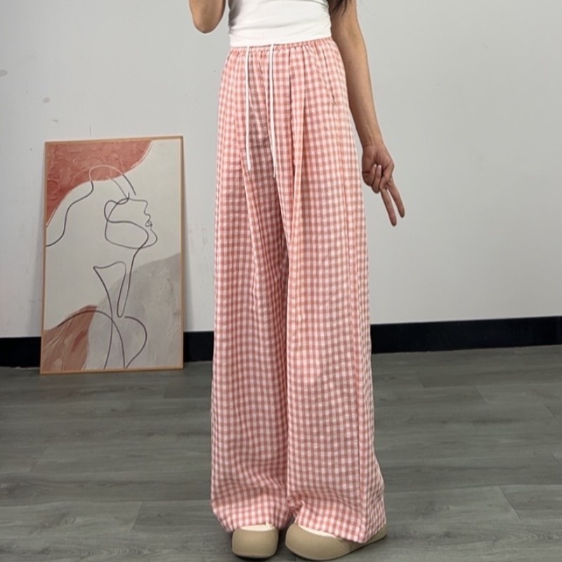 粉色格子阔腿裤女高个子加长休闲