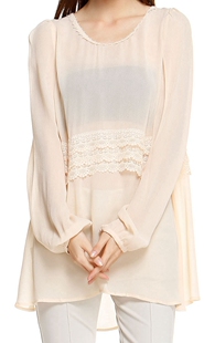 春夏秋季女装新款韩版修身时尚圆领蕾丝长袖中长款雪纺衫衬衫