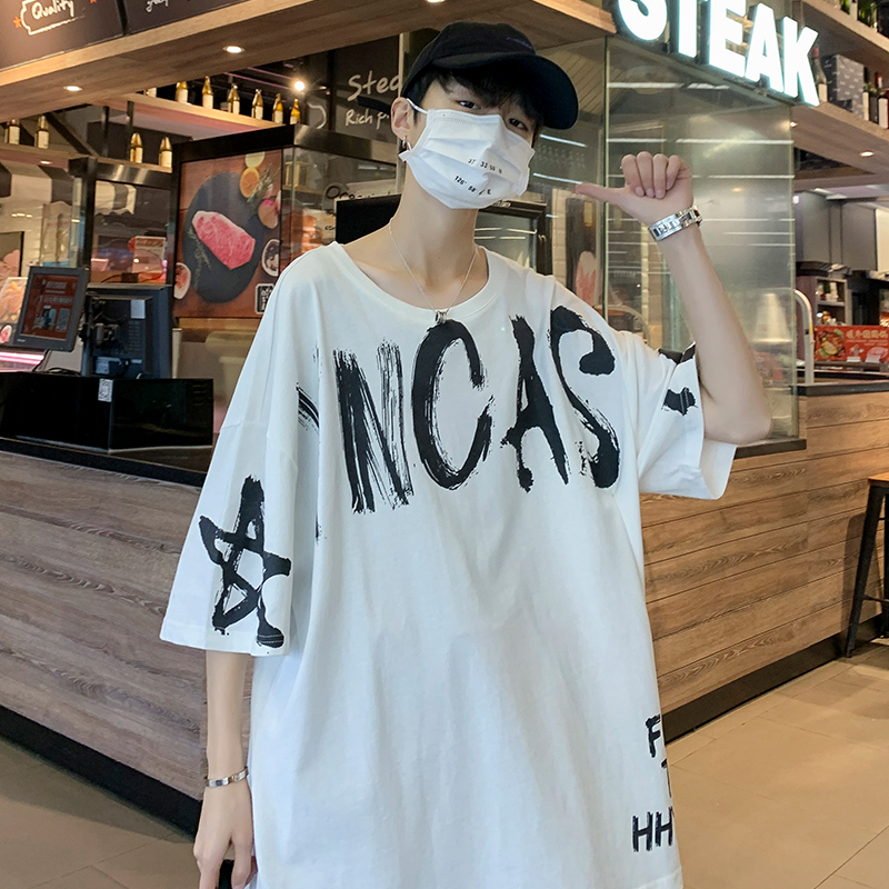 Hong Kong style cotton round neck large letter printed T-shirt short sleeve 5 / 5 sleeve summer base coat