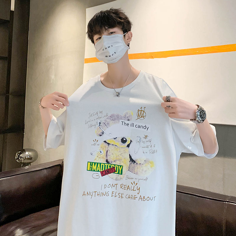 港風棉圓領胸前圖案印花恤短袖五分半袖夏季打底衫