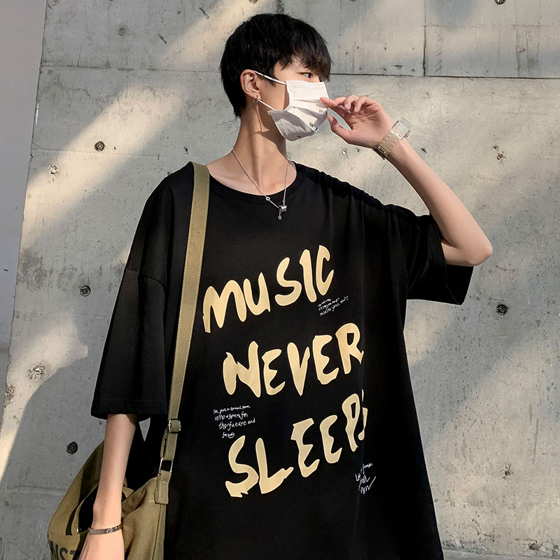 Hong Kong style cotton round neck letter printed T-shirt short sleeve 5 / 5 sleeve summer base coat