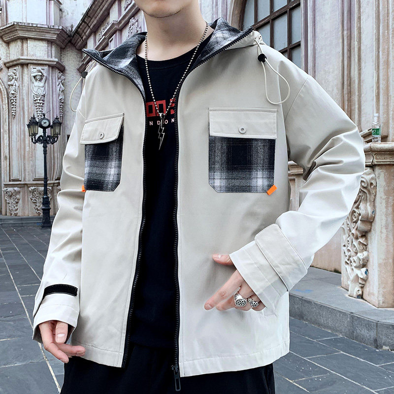 春秋季外套男士拼接修身連帽短款青年百搭休閒夾克