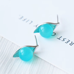 正品 天然天河石耳钉 925银树叶镶嵌高光果冻体蓝色天河石耳坠