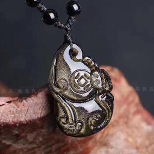 天然金曜石貔貅吊坠 金曜石衣食无忧貔貅项链 男女款毛衣链