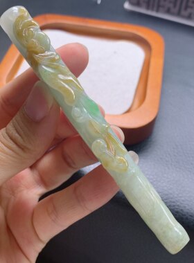 4107缅甸天然A货翡翠  黄加绿福在眼前烟嘴摆件蝙蝠手把件