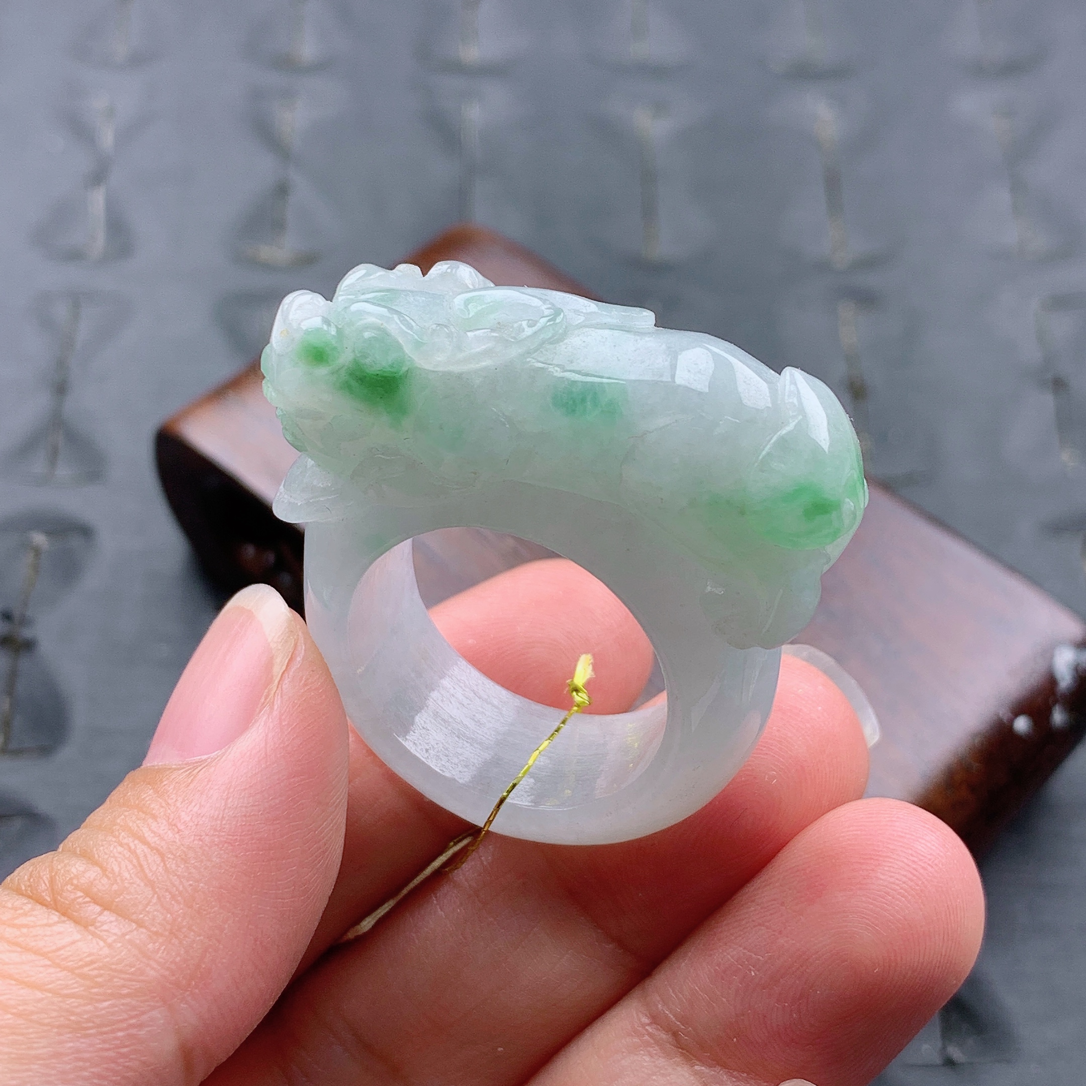 25号缅甸天然A货翡翠 T1020 内径21.2mm 飘花貔貅戒指扳指