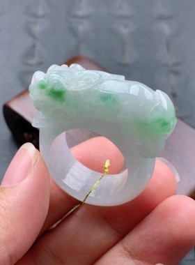 25号缅甸天然A货翡翠 T1020 内径21.2mm 飘花貔貅戒指扳指