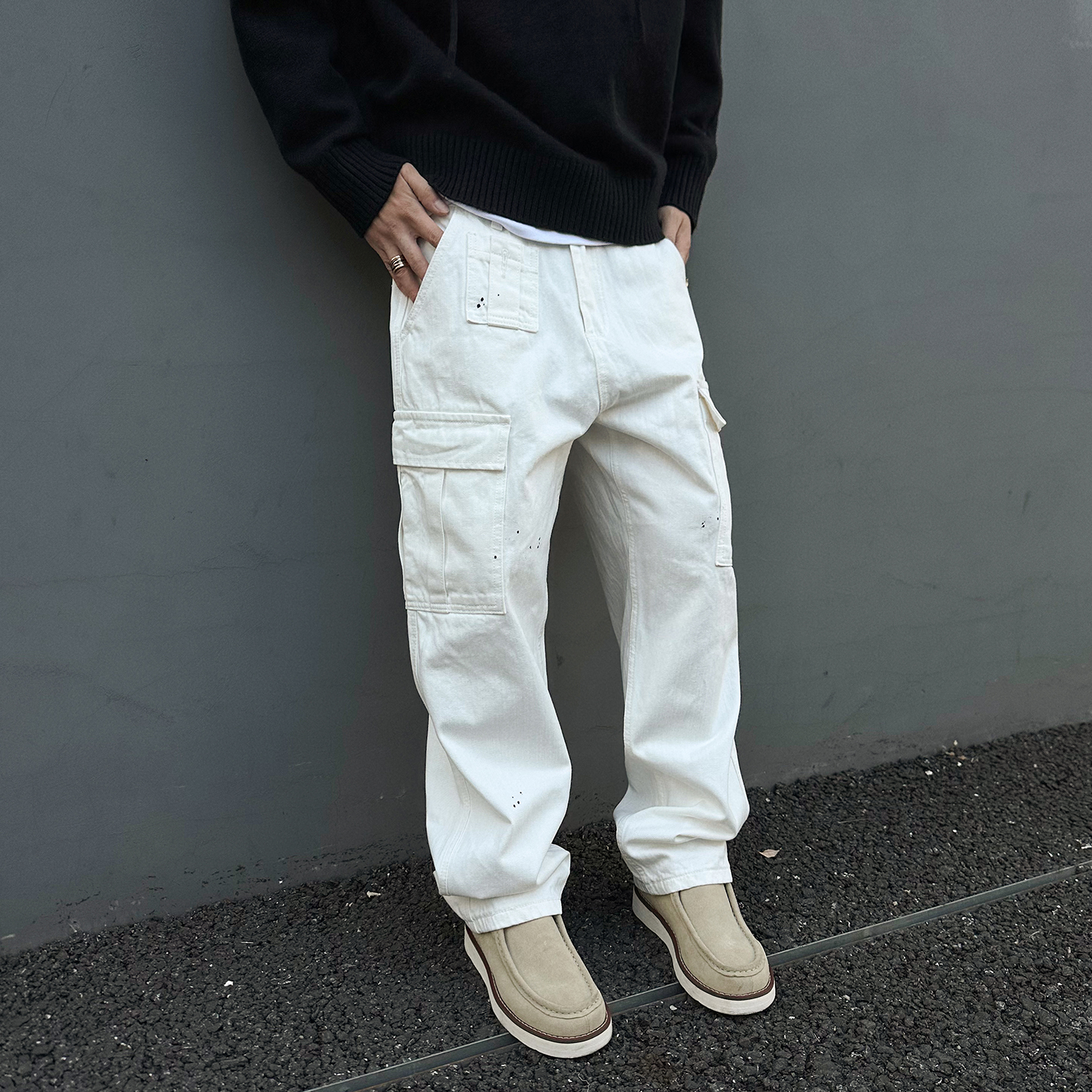 美式复古漆点竹节棉口袋工装裤