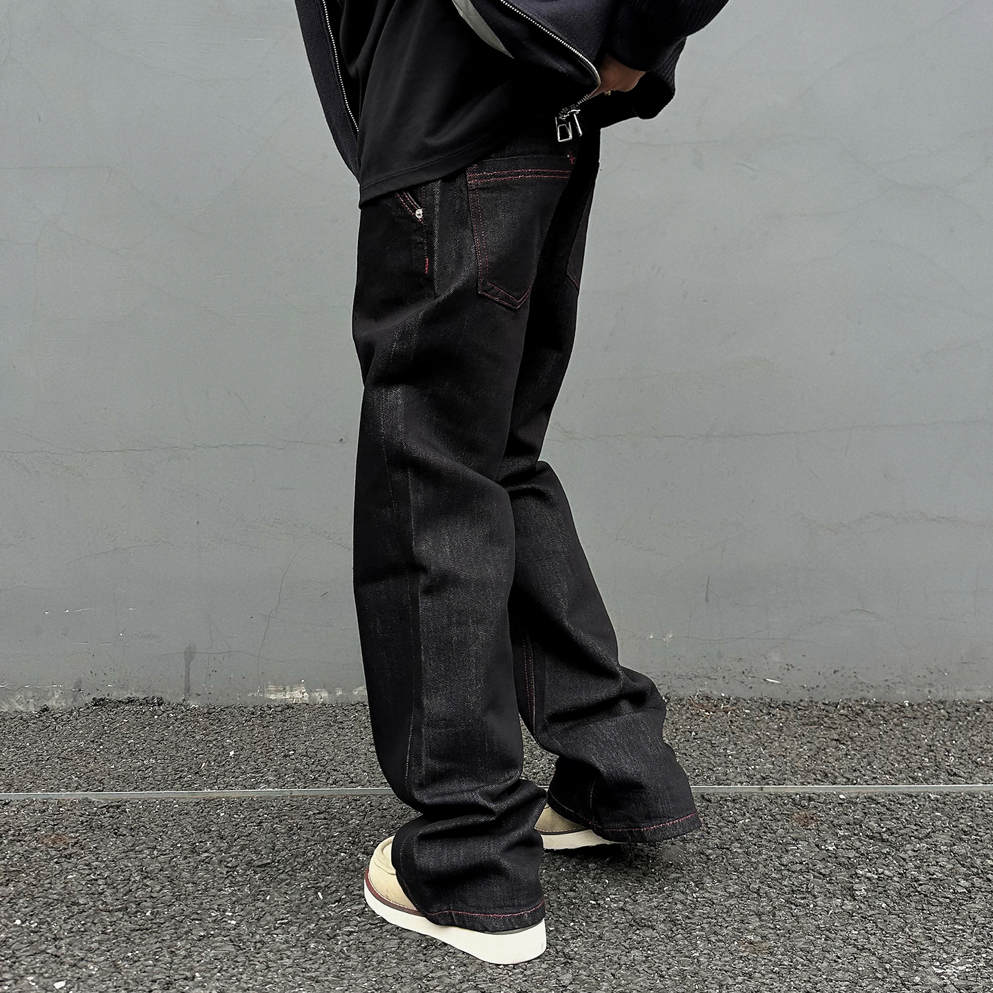 老钱红线黑原牛微喇牛仔裤修身