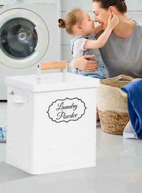 The laundry room uses stored laundry detergent containers,