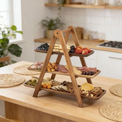 3 Tier Tray Stand Rectangle Wooden Plate snack Serving Tray