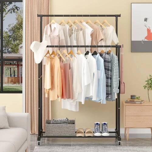 Movable Floor-Standing Coat Rack - Double Clothes Shelf