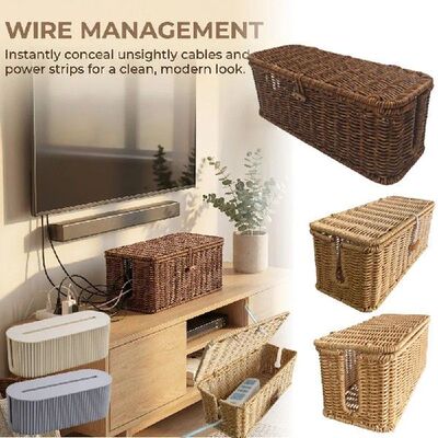 Cable Management Box Imitation Rattan Cord Hider with Lid 2