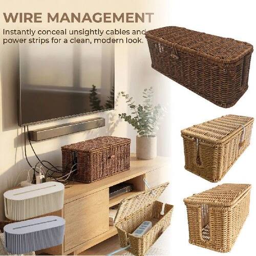Cable Management Box Imitation Rattan Cord Hider with Lid 2
