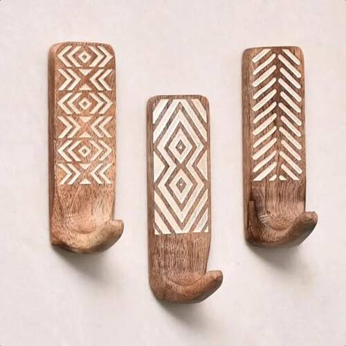 Boho Decorative Wood Adhesive Wall Hooks for Coats 3 Hooks