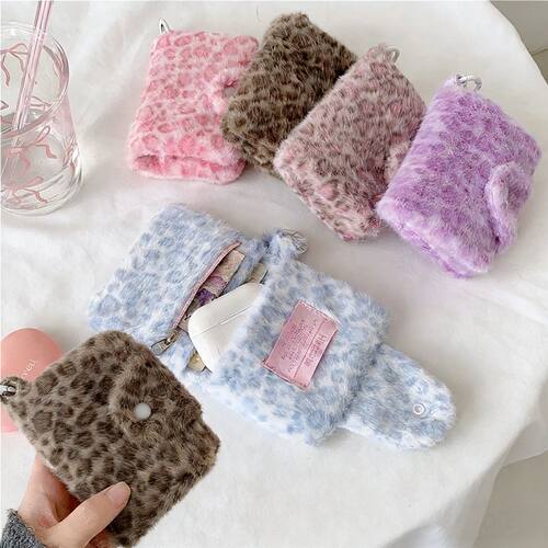 Cute Plush Leopard Pattern Snap Card Bag for Girls Mini