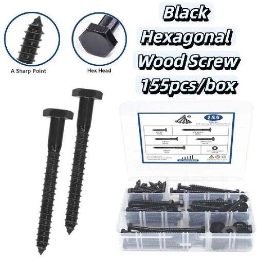 155pcs/box Black Finish 304 Stainless Steel Wood Screws