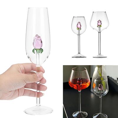 Creative 3D Pink Glass Rose Build-In Red White Wine Glasses