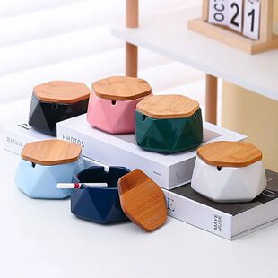 Modern Ceramics Ashtrays With Bamboo-Lid,Portable Ashtrays