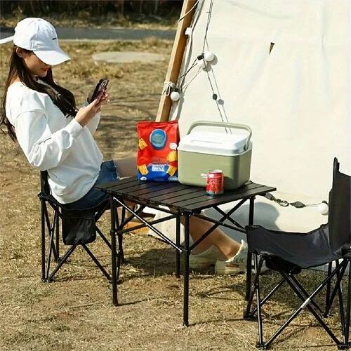 Bench Side Table, Small Folding Camping Table with Storage