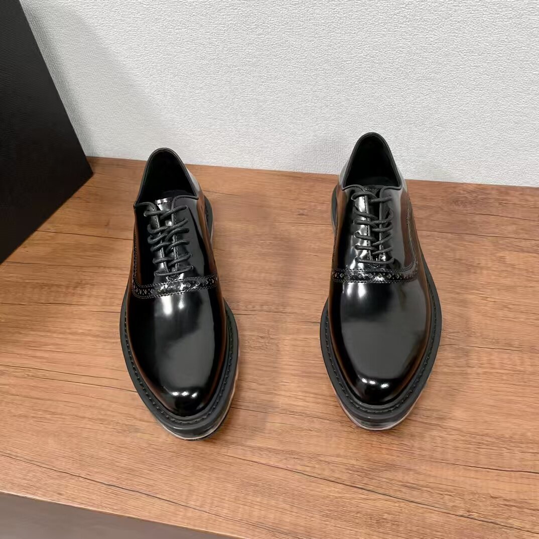 商务风真皮系带德比鞋男圆头厚底增高正装皮鞋黑色男鞋漆皮百搭鞋