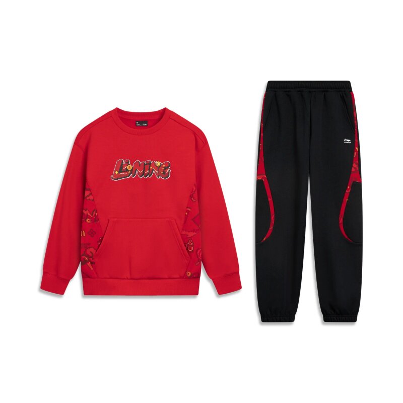 李宁套装男女小大童2026春新款时尚潮流宽松加绒卫衣卫裤YWEW001