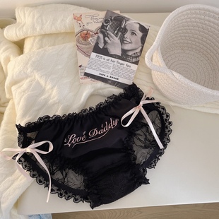 粉色丝带～黑色蕾丝花边性感内裤 女士低腰子母刺绣可爱甜美蝴蝶结