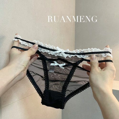 双蝴蝶结小女仆～小众设计性感蕾丝女蝴蝶结透明网纱三角内裤女士