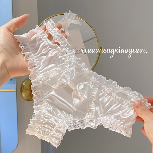 珠光缎面蝴蝶结少女日系丁字裤纯欲风挂腰性感女内裤蕾丝花边T裤