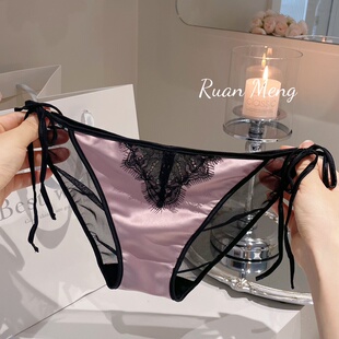 高级感缎面珠光法式性感睫毛蕾丝两边系带可解开内裤女士网纱