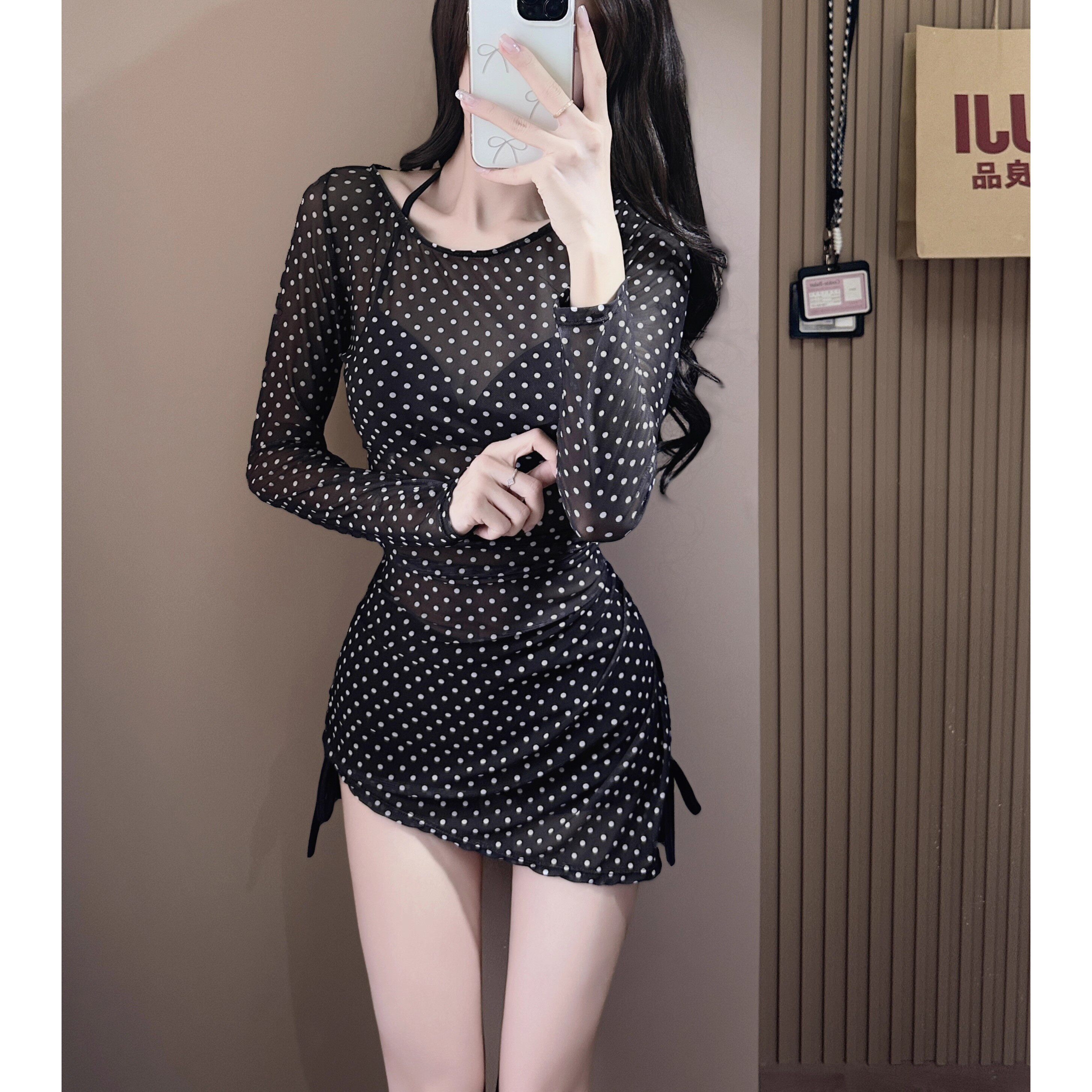 比基尼泳衣女黑色波点长袖罩衫三件套分体小胸遮肚子显瘦沙滩温泉