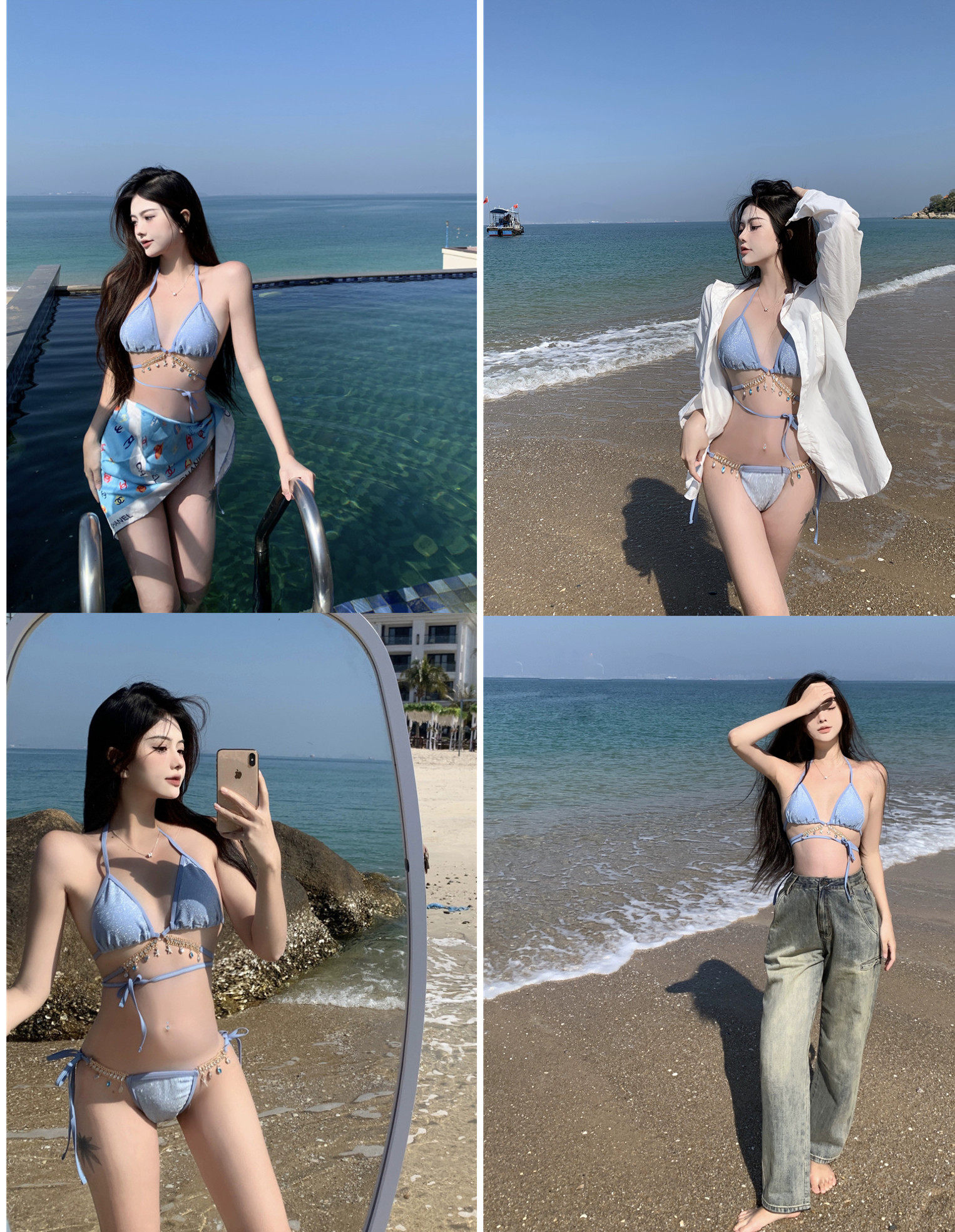 比基尼泳衣女两件套分体性感沙滩蓝色美人鱼泡温泉度假风网红款