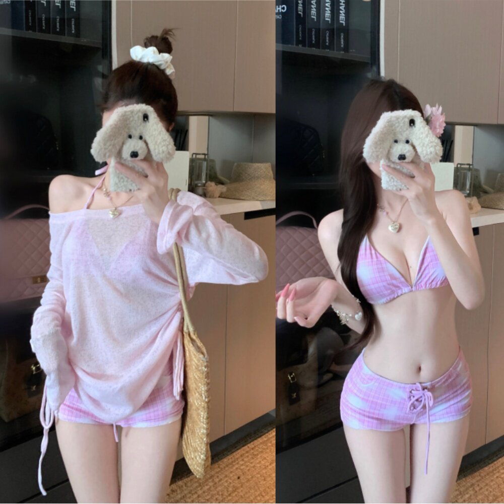 三件套新款泳衣女粉色甜美女孩