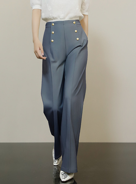 欧洲站职业阔腿裤女高腰垂感24年春新款通勤双排扣灰色直筒西装裤